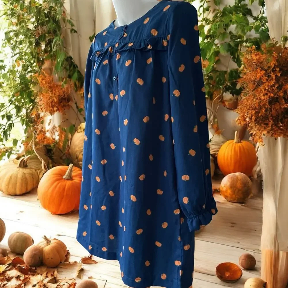 NWT J. Crew Blue Pumpkin Fall Nightdress Ruffles Girls Crewcuts Dress Size XL
